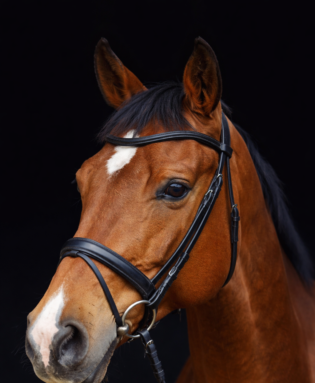 Brown horse with a bridle on a black background